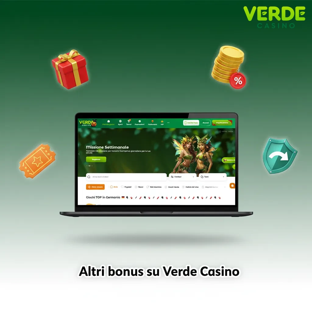 Banner promozioni Verde Casino: ricarica weekend, free spins settimanali, cashback, tornei slot e promo live.