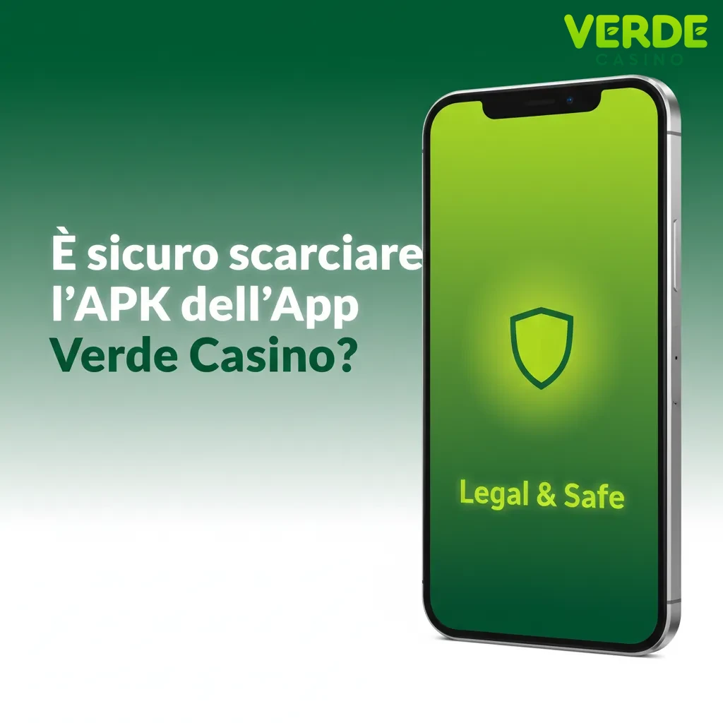 Smartphone con app Verde Casino, icona lucchetto SSL e badge licenza, evidenziando download APK sicuro e regolamentato.