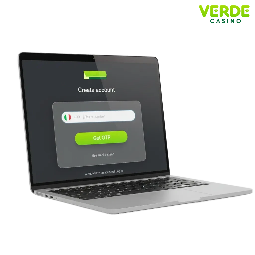 Schermata registrazione Verde Casino Italia: telefono, email, social, one-click e bonus 1.200 € + 220 giri gratis