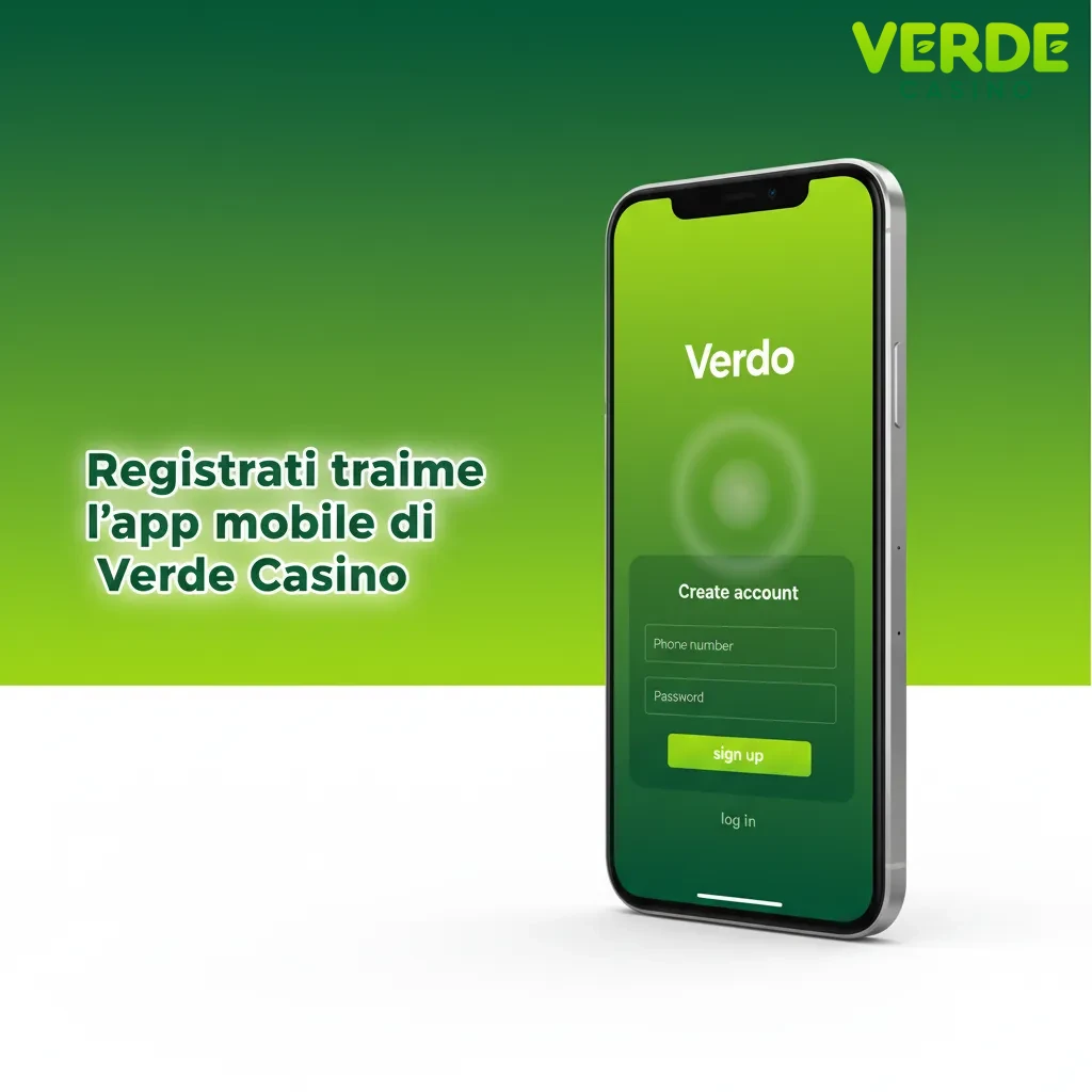 Schermata registrazione app mobile Verde Casino su smartphone, con opzioni email/telefono/social e pulsante Crea account.