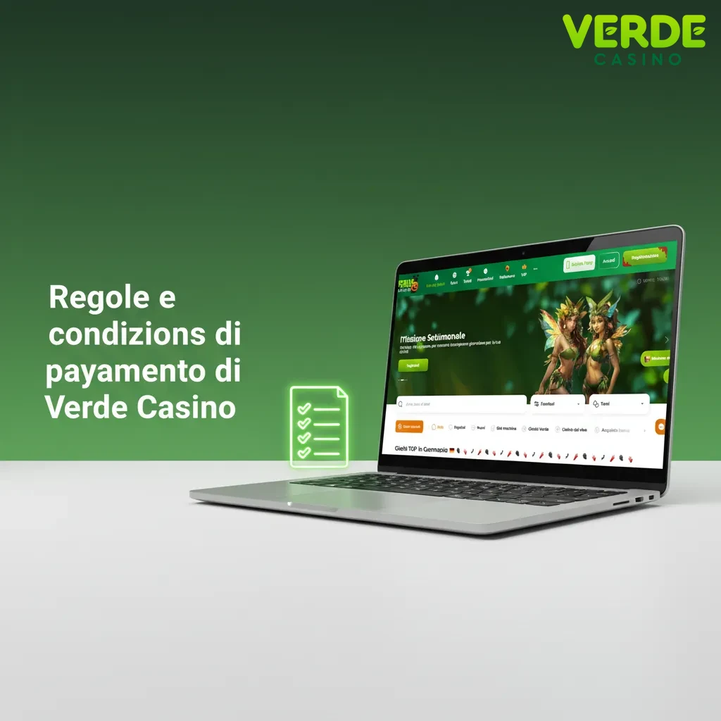 Schermata: regole pagamento Verde Casino—metodi a tuo nome, KYC, depositi/prelievi sullo stesso metodo, EUR, requisiti bonus.