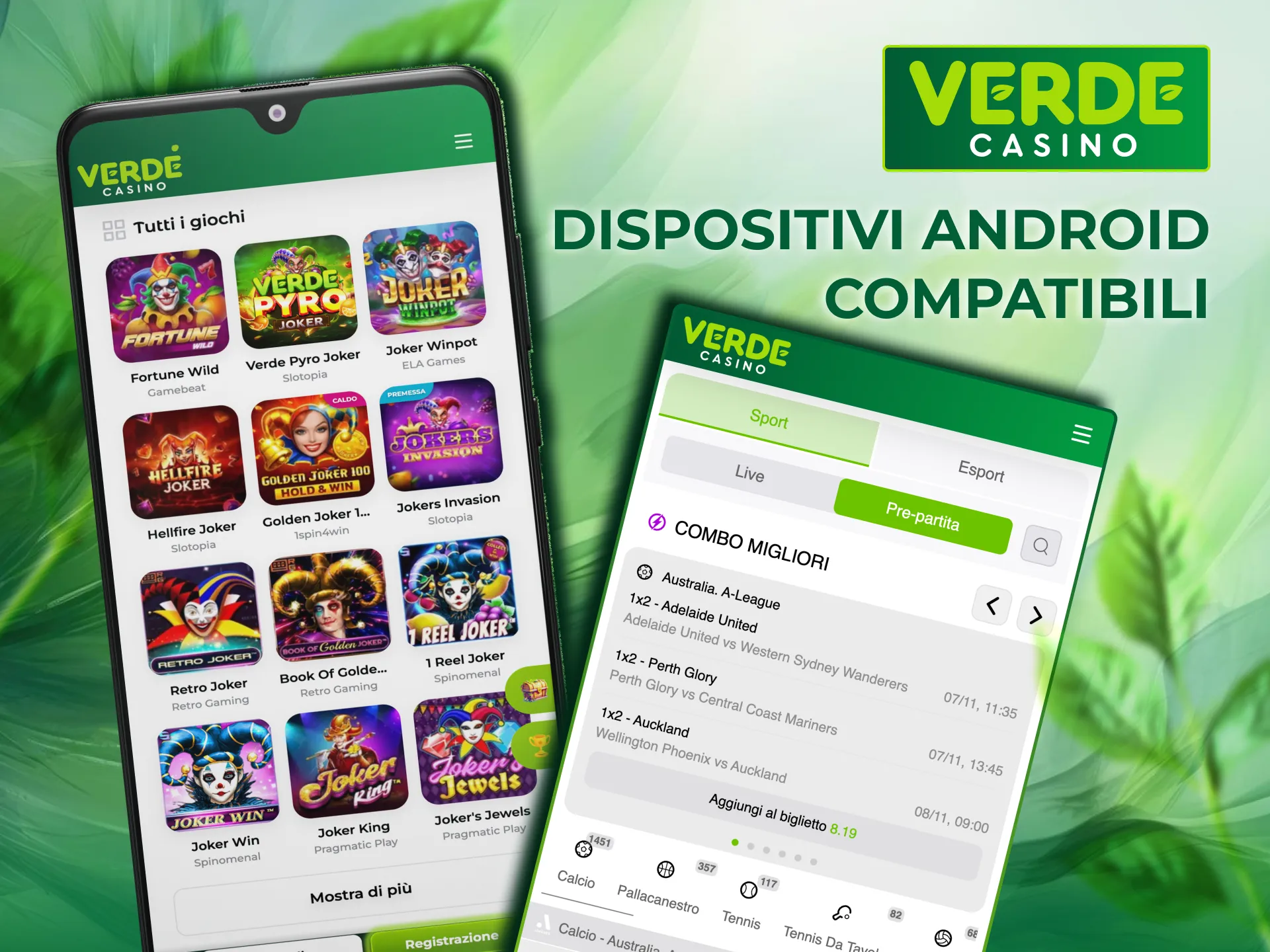 App Android di Verde Casino compatibile con modelli popolari.