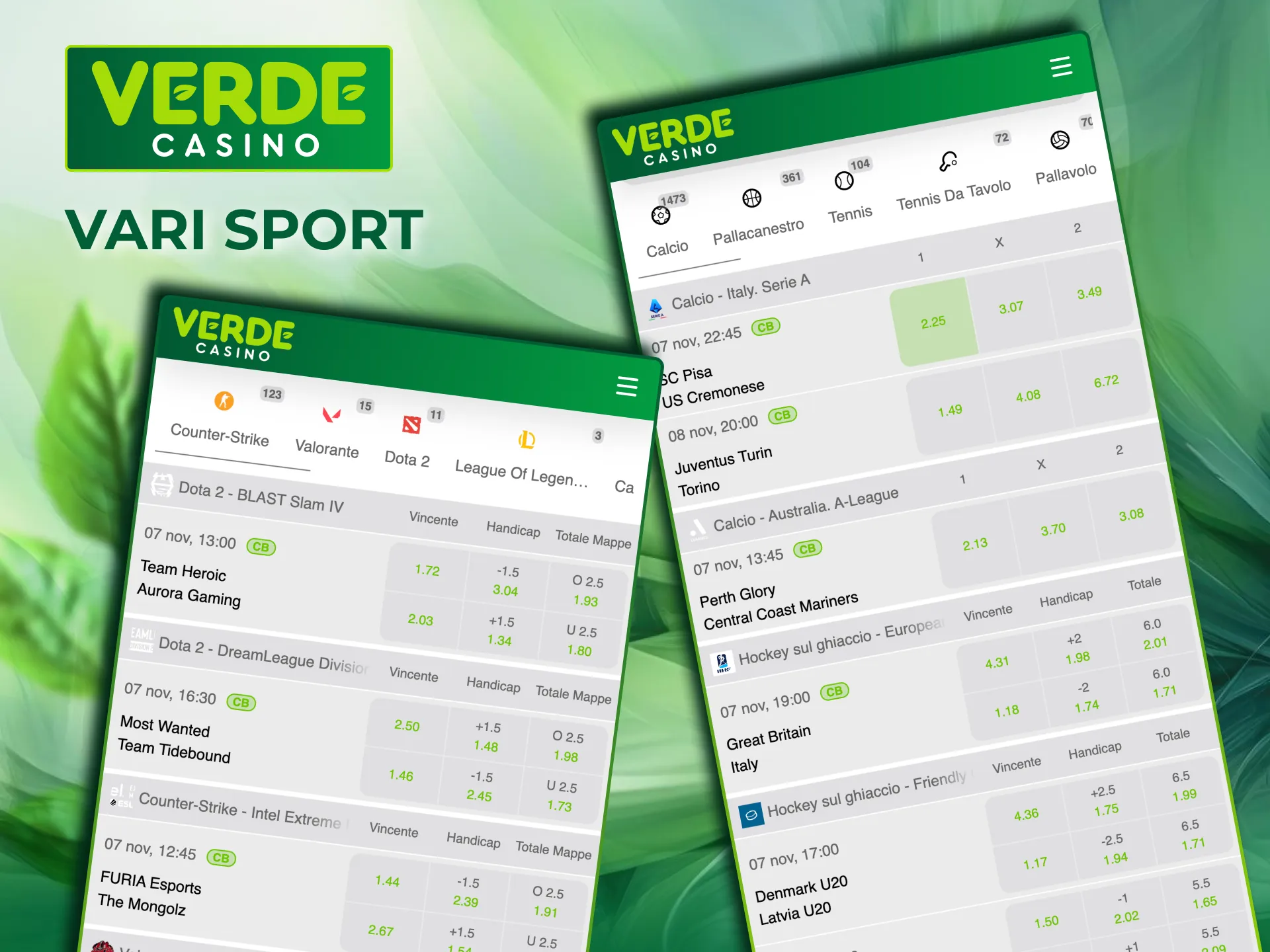 Verde Casino offre scommesse su calcio, tennis, basket e molto altro.