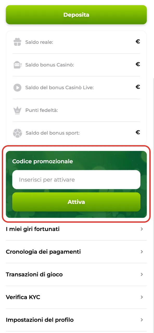 Verde Casino ti permette di attivare offerte con codice promo.