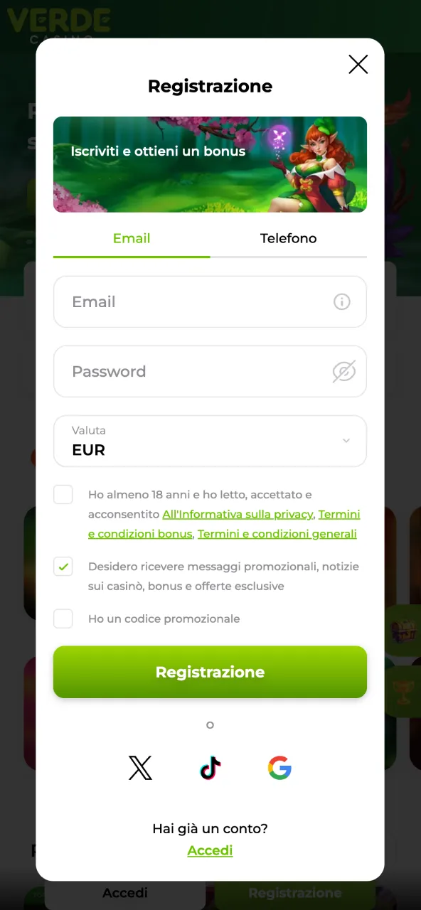 Verde Casino richiede dati reali e completi per la registrazione.
