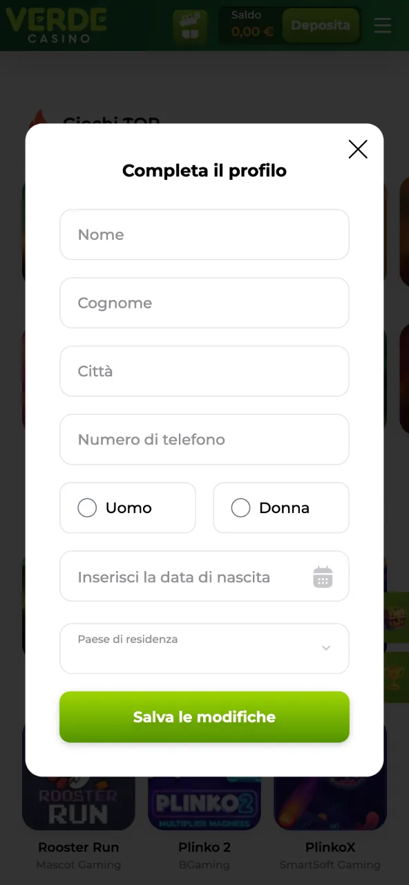 Verde Casino richiede una verifica una tantum con selfie e dati personali.