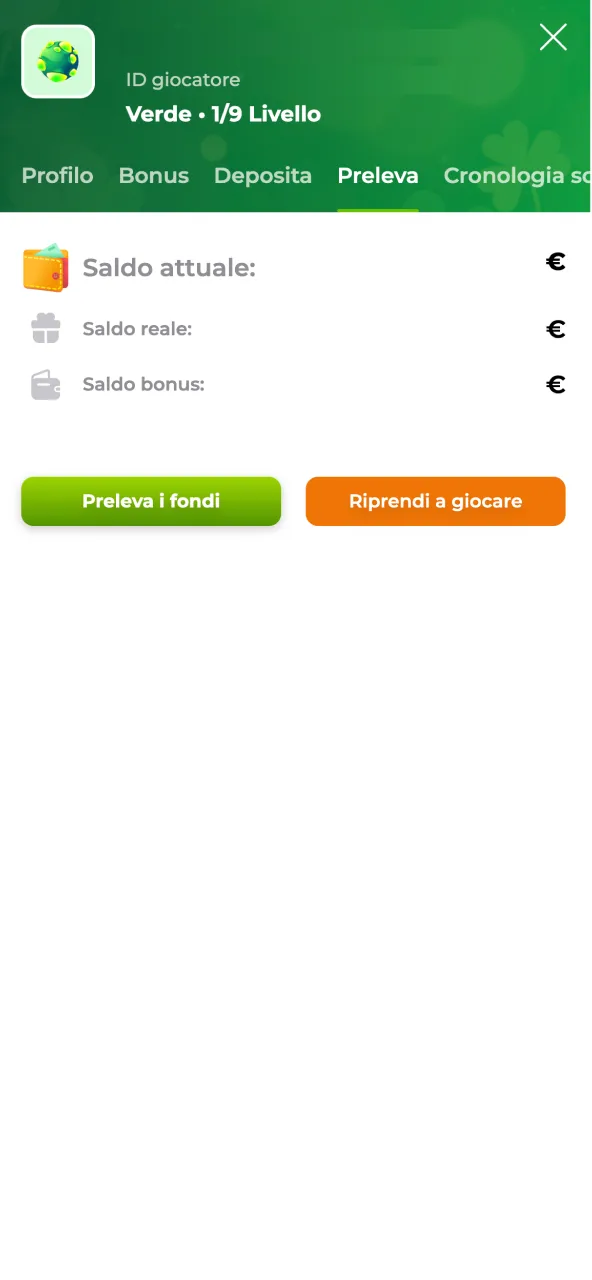 Scegli il metodo e inserisci l’importo su Verde Casino.