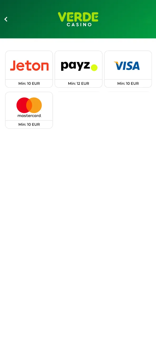 Scegli il metodo e inserisci l’importo su Verde Casino.