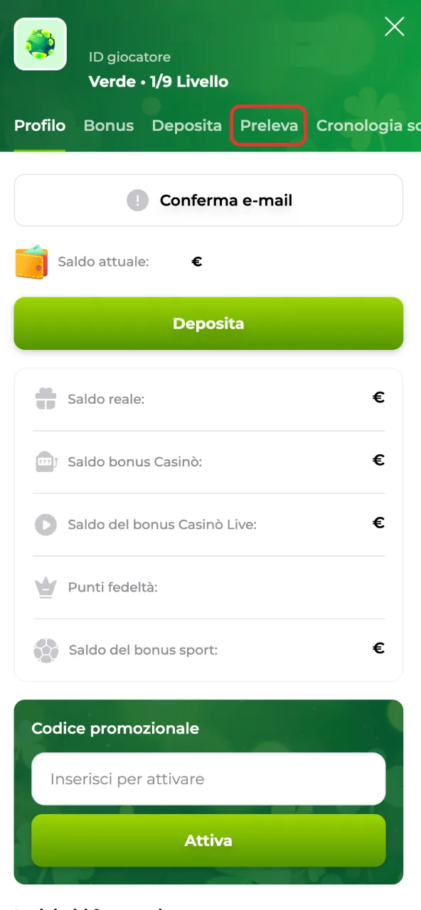 Seleziona Prelievo e scopri i metodi attivi su Verde Casino.