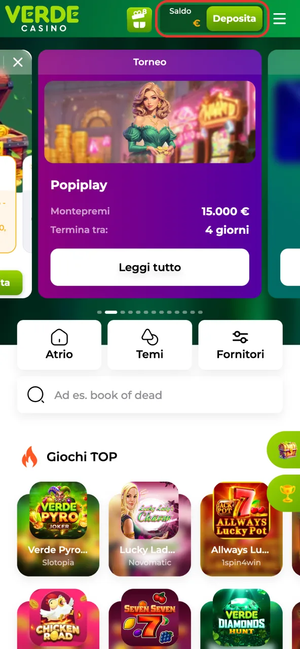 Apri la Cassa e seleziona Deposito su Verde Casino.