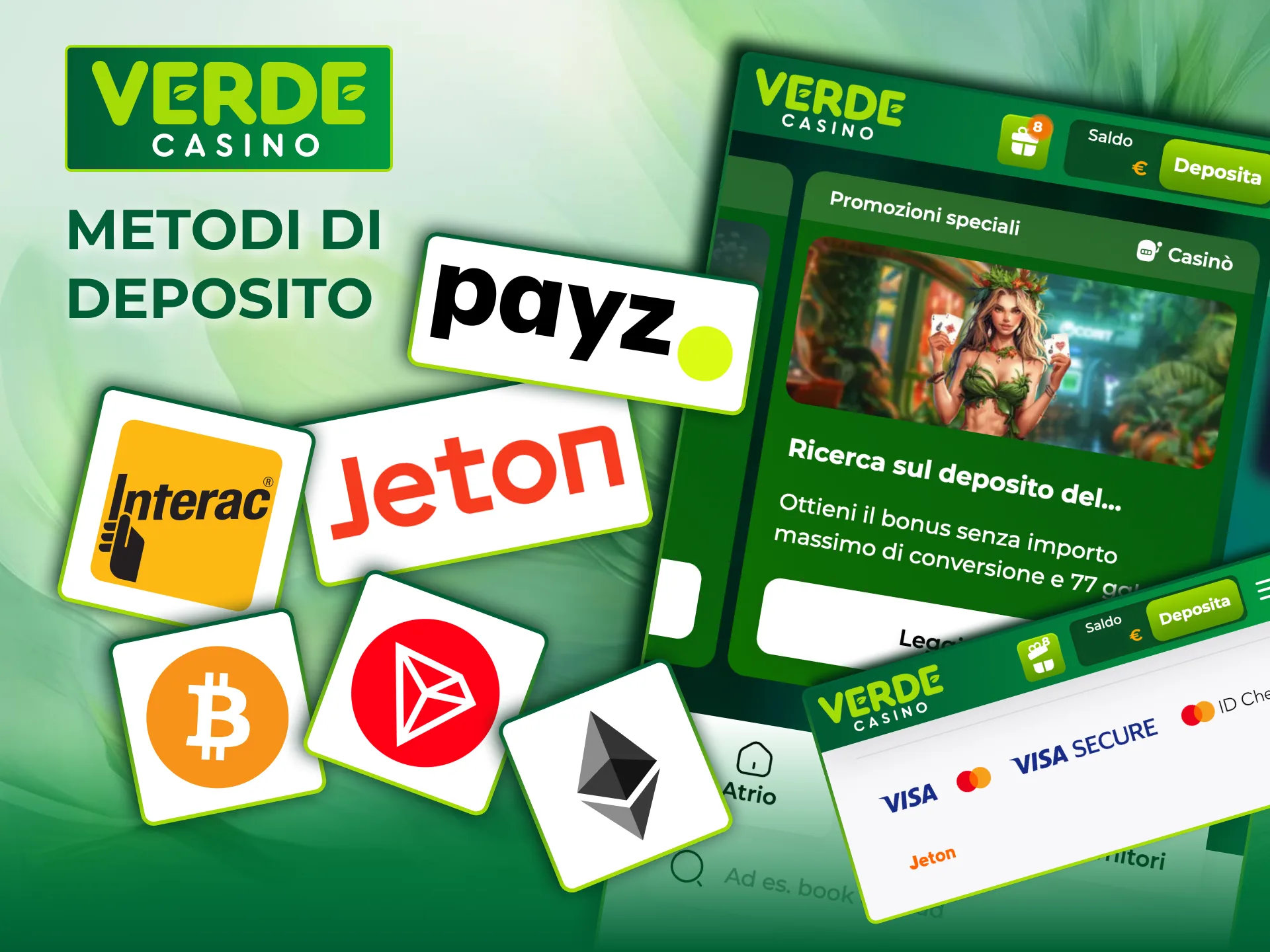 Bitcoin, Tron ed Ethereum disponibili per ricariche su Verde Casino.