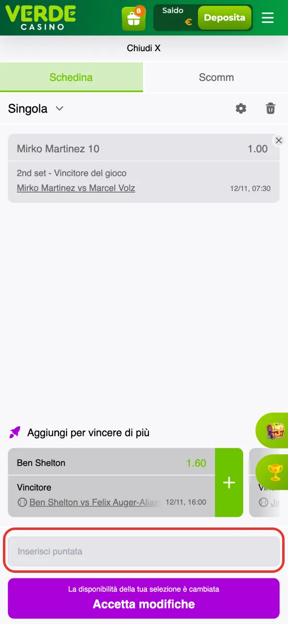 Compila lo slip inserendo l’importo su Verde Casino.