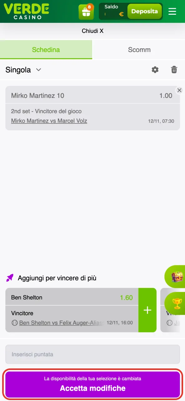 Funzione di conferma scommessa attiva su Verde Casino.