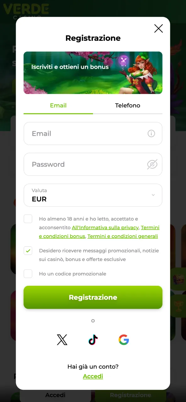 Registrati su Verde Casino e crea subito il tuo account.