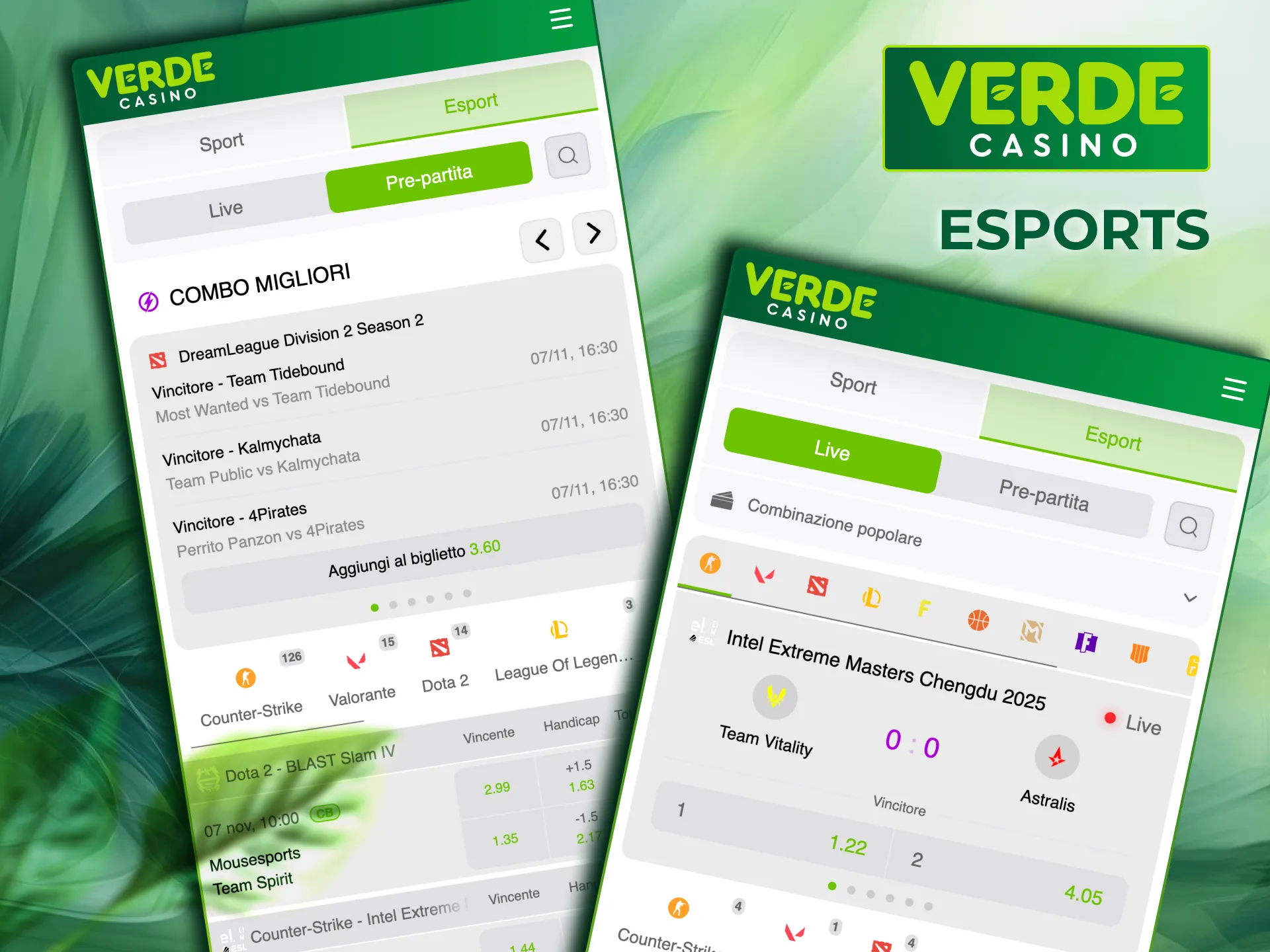 Verde Casino offre scommesse su mappe e squadre eSports.