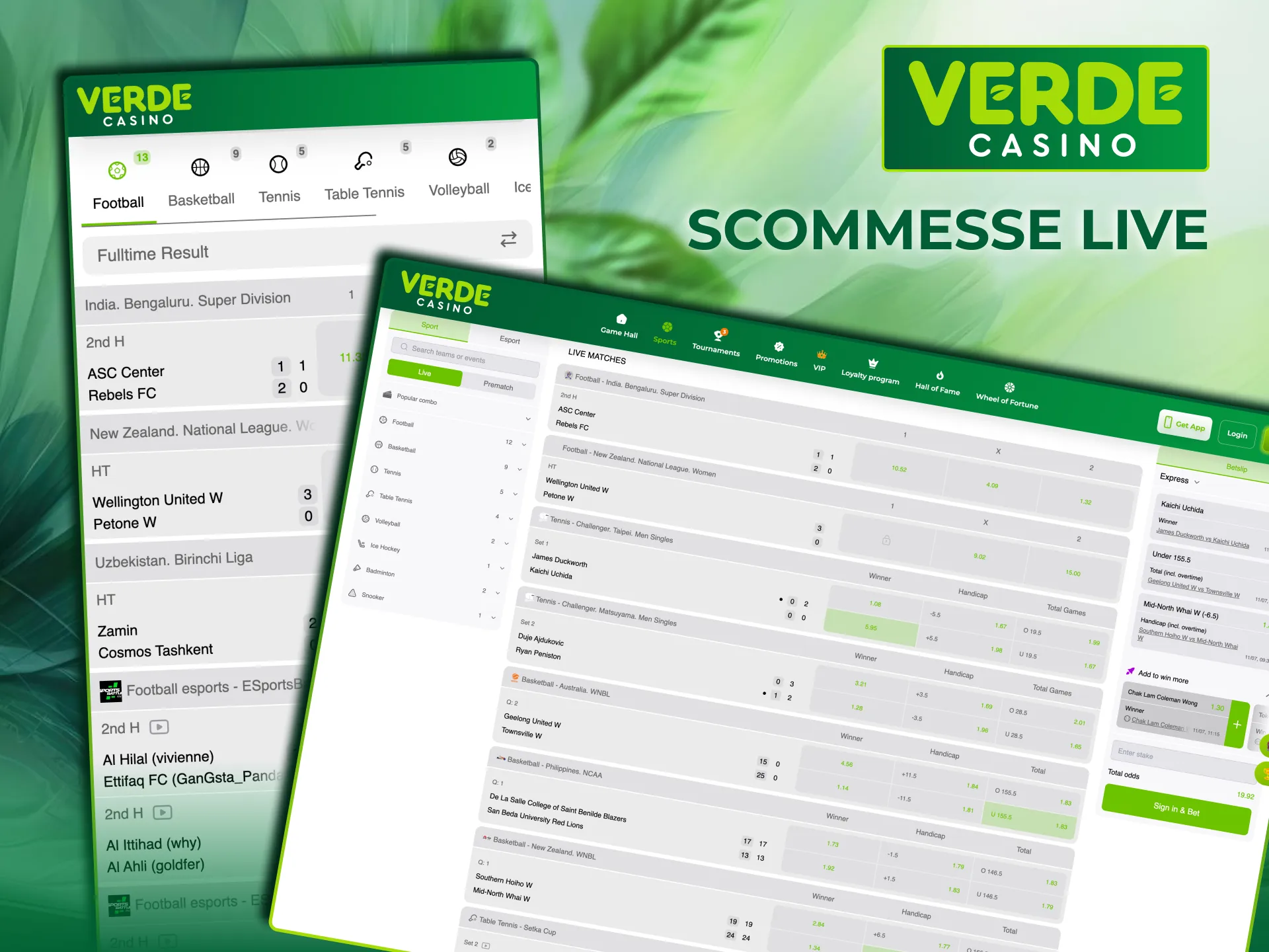 Scommesse Live su Verde Casino con quote in tempo reale.