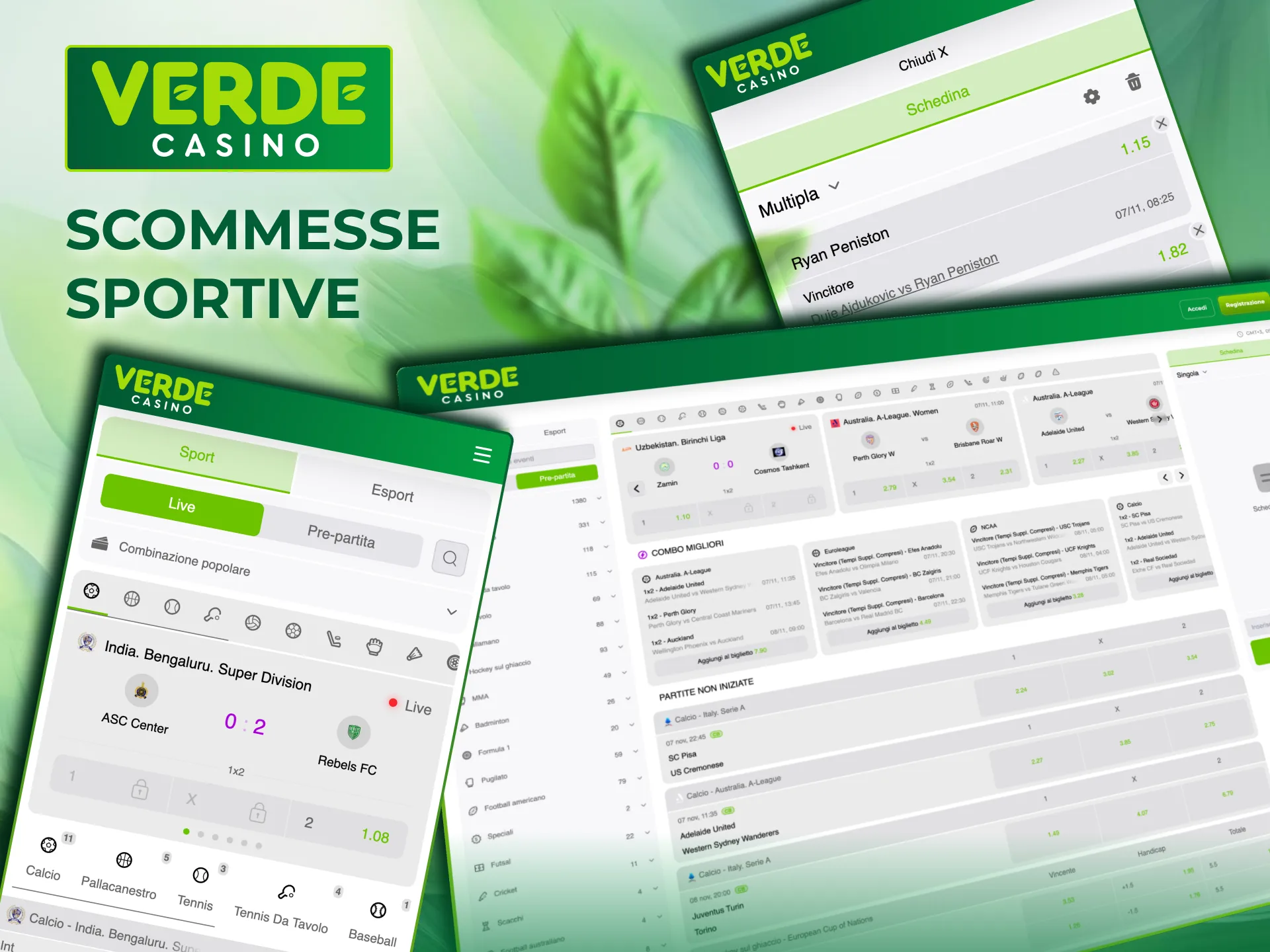 Scommesse sportive pre‑match e live su Verde Casino.