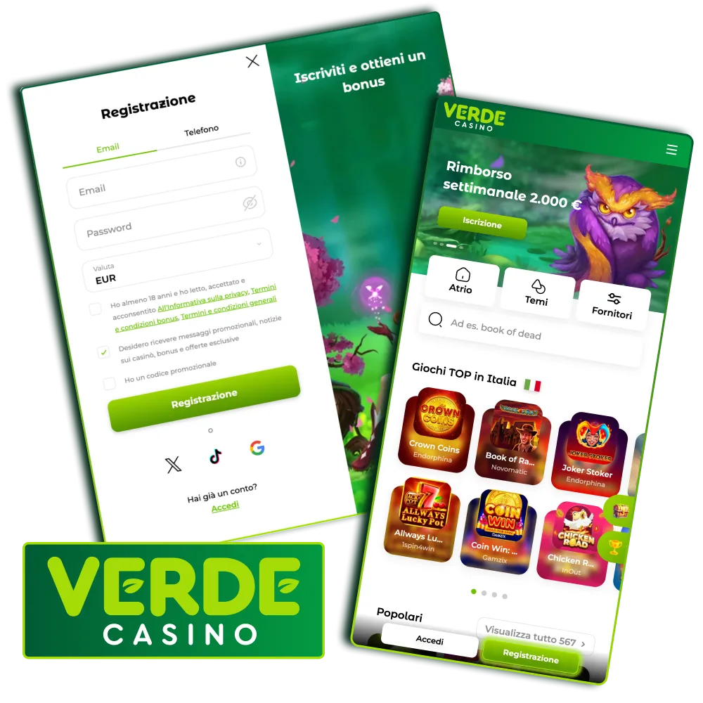 Verde Casino consente registrazione rapida con telefono, email, social o one‑click.