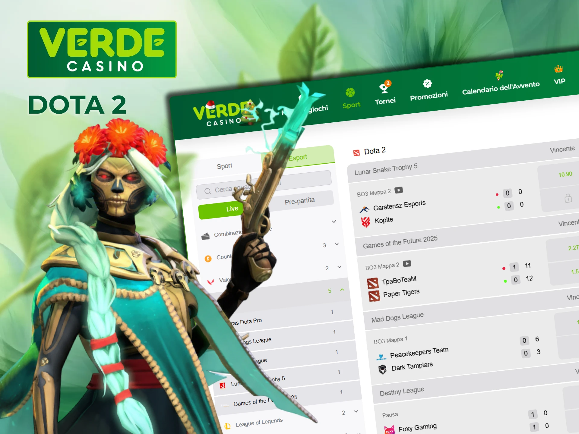 Scommetti sulle squadre di Dota 2 sul sito web di Verde Casino.