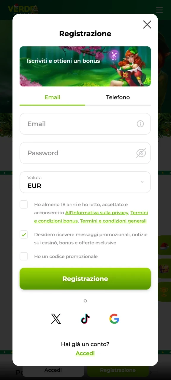 Registrati su Verde Casino e ottieni l'accesso completo alla piattaforma.
